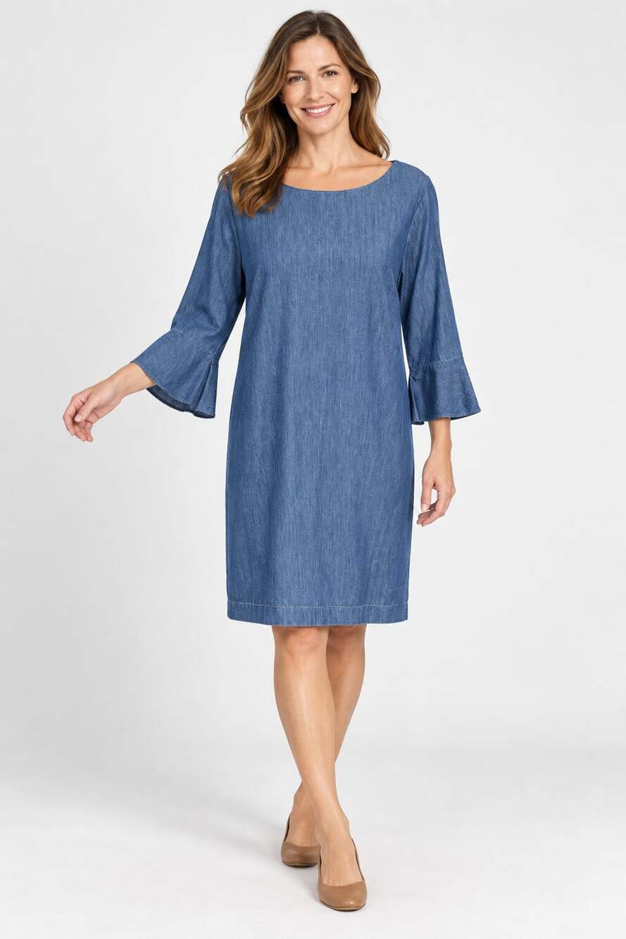 Talbots Denim Flounce Sleeve Shift Dress Women’s 12 Blue Cotton Bell Sleeve